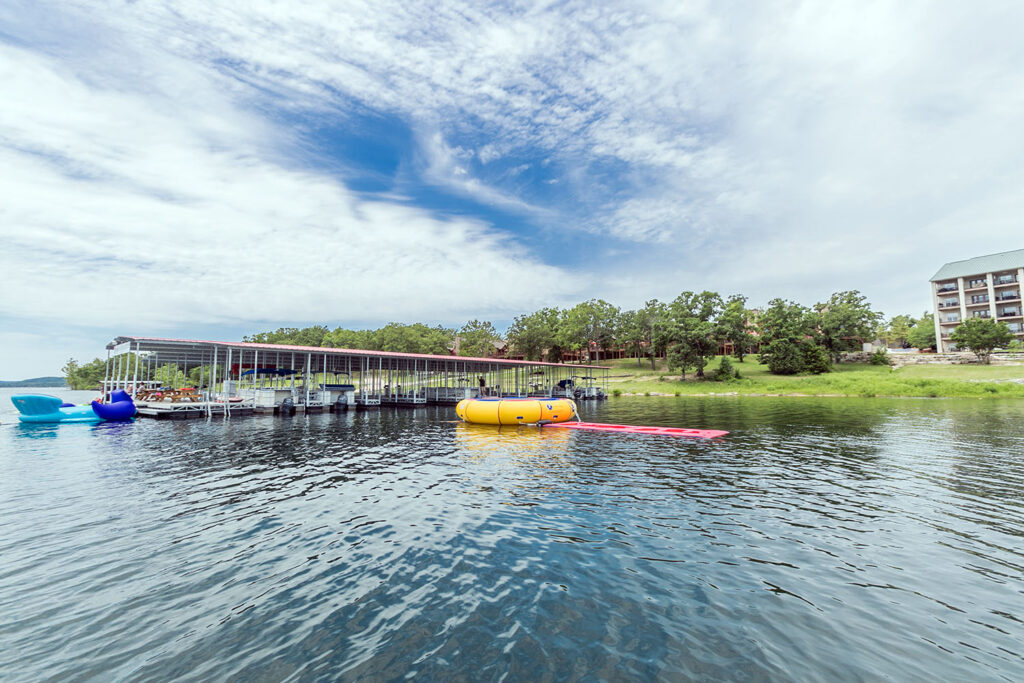 Boat slips and water trampoline at resorts in Branson, Missouri on the lake.