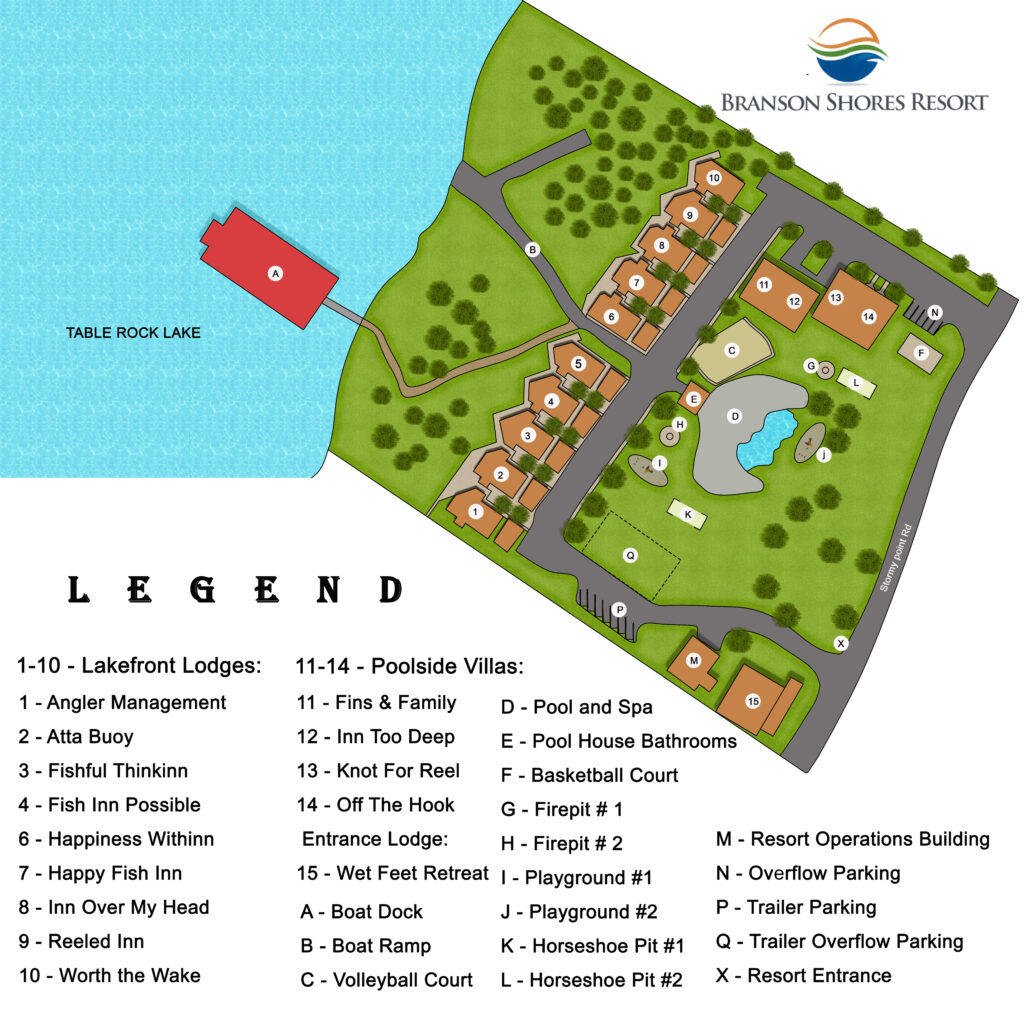 Resort map of our Branson MO cabins on the lake.