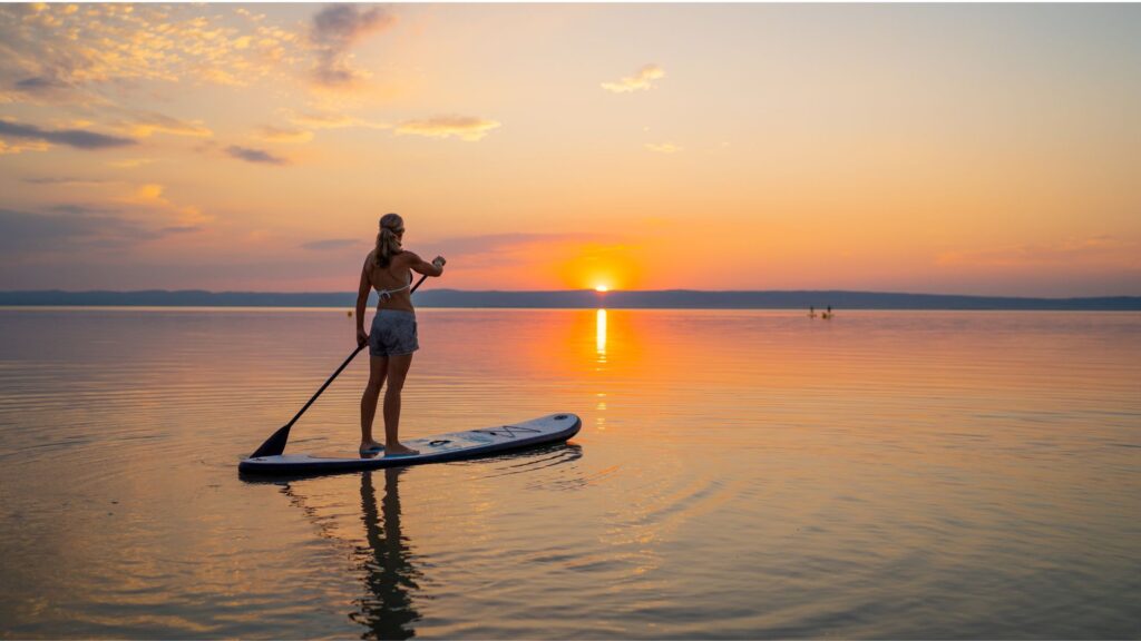 Woman paddle boarding at sunset near Branson Shores Resort Table Rock Lake
