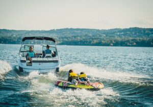 People tubing and boating on Table Rock Lake.