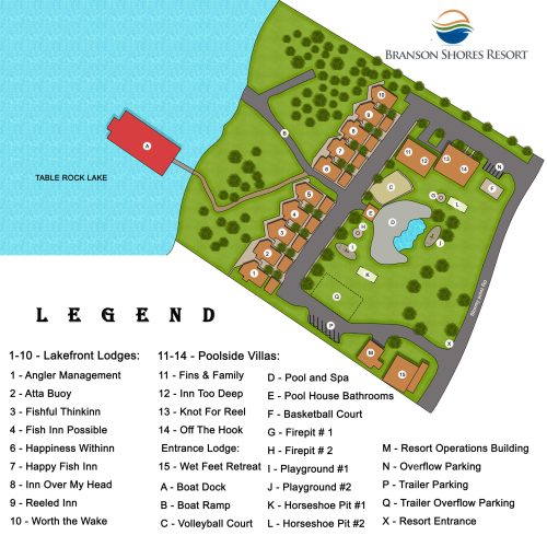 Resort Map of Branson Shores lakeside resort Branson Missouri.